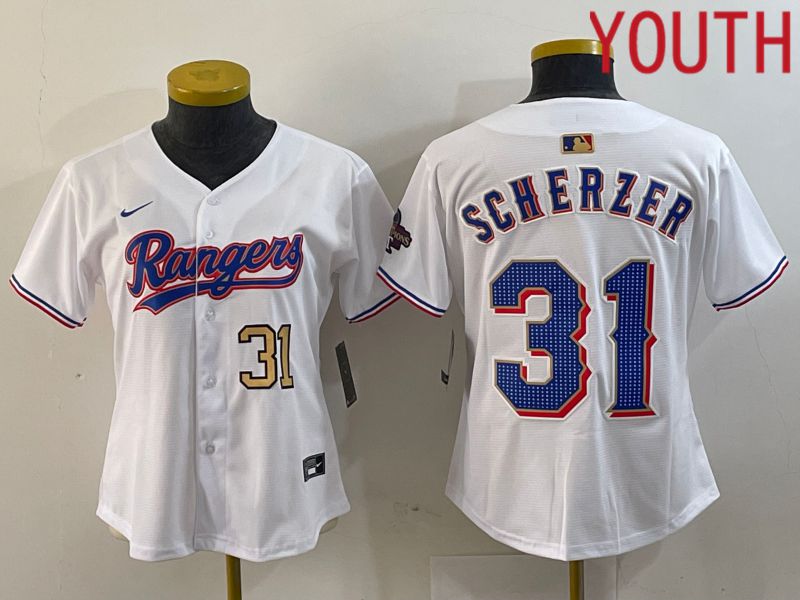 Youth Texas Rangers #31 Scherzer White Champion Game Nike 2024 MLB Jersey style 3->youth mlb jersey->Youth Jersey